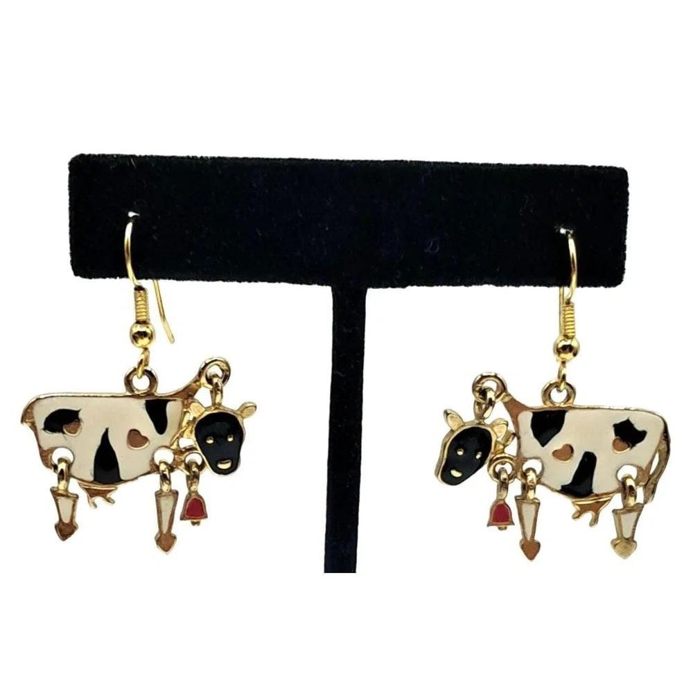 Enamel Cow Earrings Articulating Pierced Novelty Signed Jewelry‎